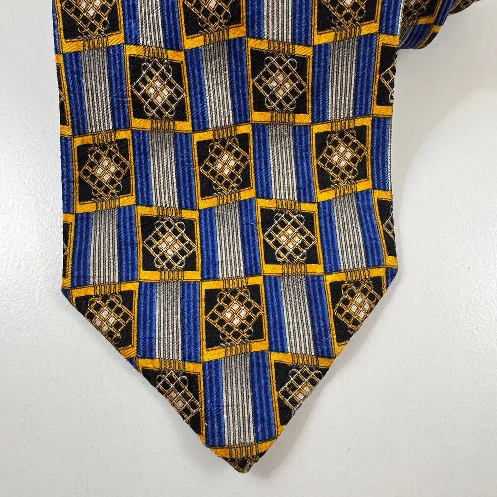 VTG Ermenegildo Zegna Point Necktie Blue Gold Geometric Squares Formal Business